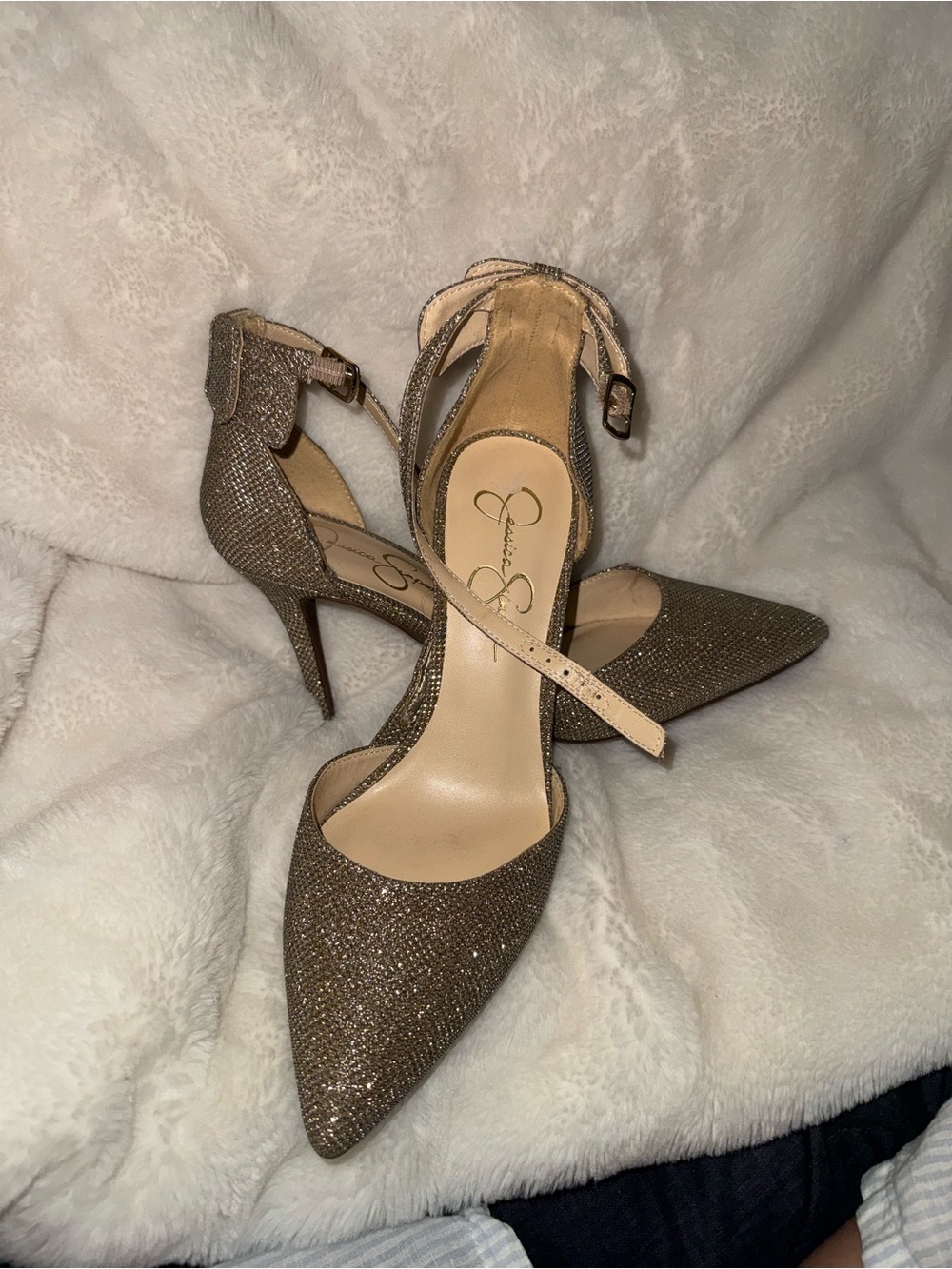 Jessica Simpson Sparkling Bronze Pointed-Toe Ankle-Strap Heels